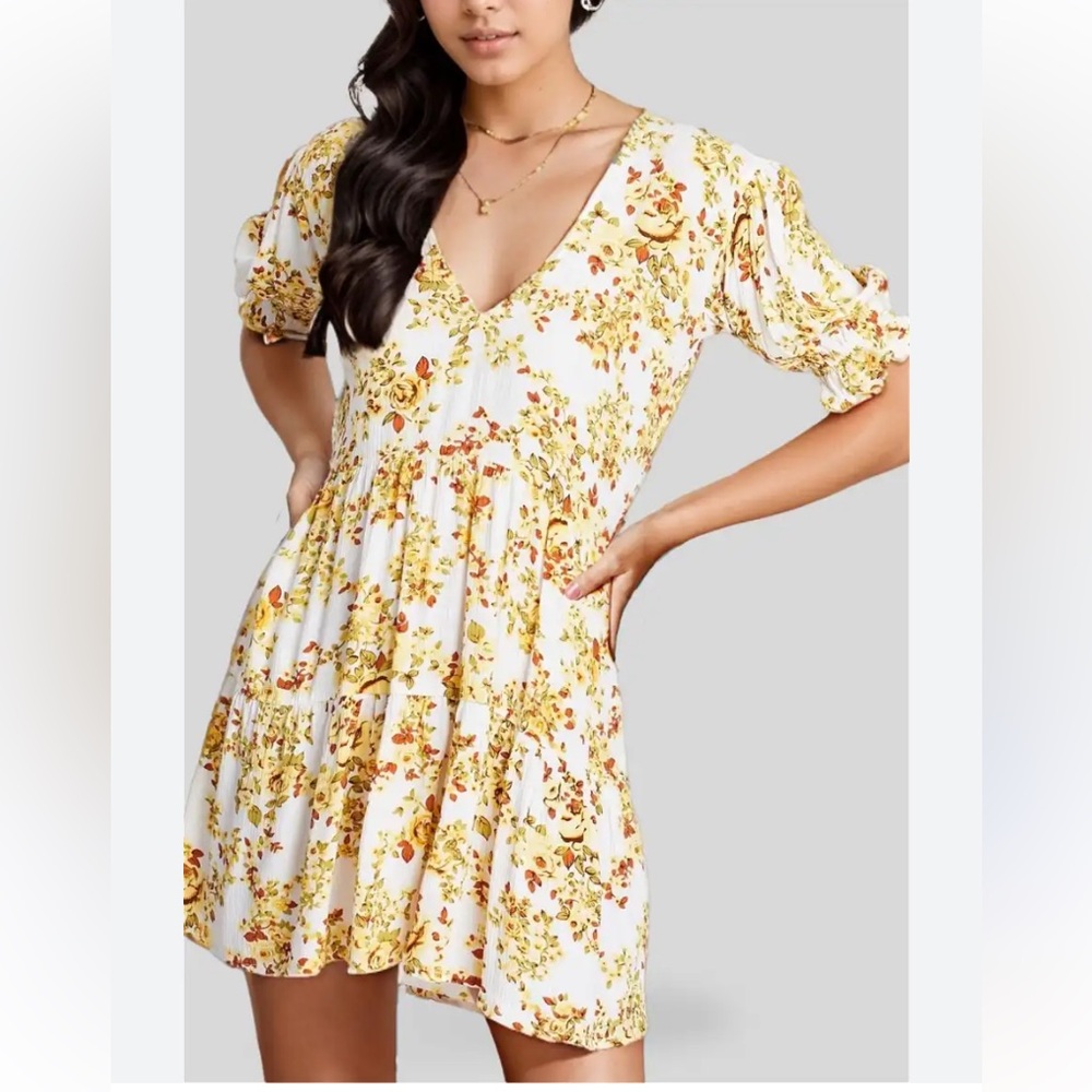 Faithfull the Brand White Mini Dress with Yellow Floral Print